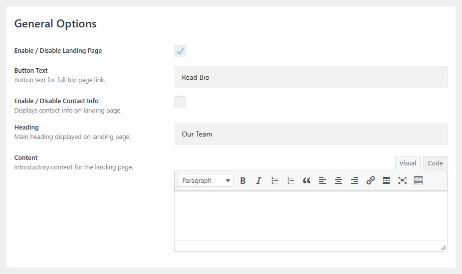Kraken Teams landing page general settings screen